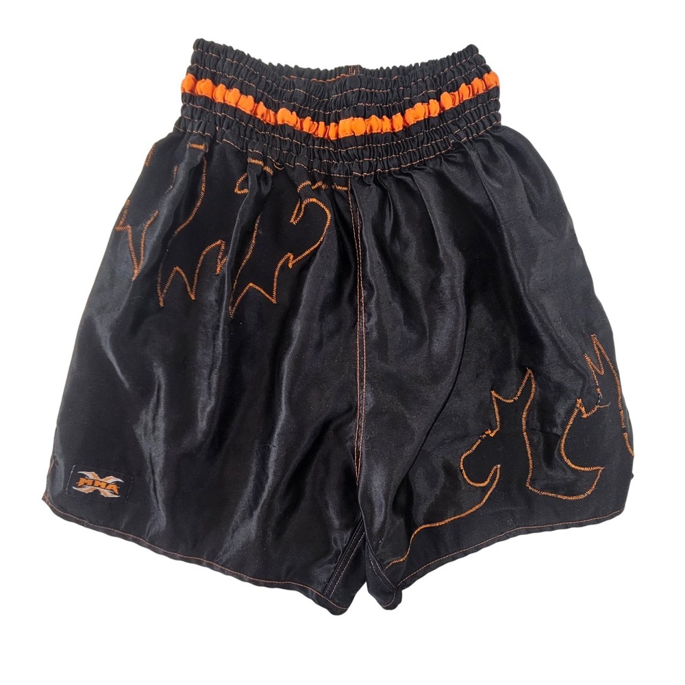 MMA Elite Muay Thai Shorts Mens Large Black Orange Flame Satin Kickboxing Boxing